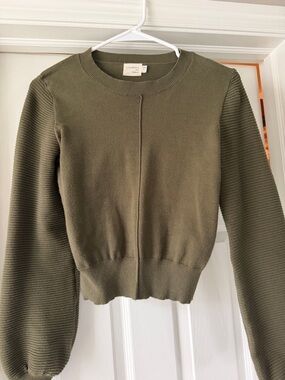 Dreamers Olive Crewneck Sweater with Ribbed Balloon Sleeves